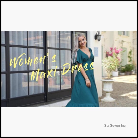 Polyester Maxi Dress with V-Neck Backless Design and Flutter Sleeves - Picture 7 of 7